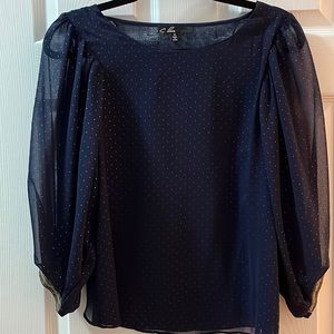 Navy blouse with gold polka dots